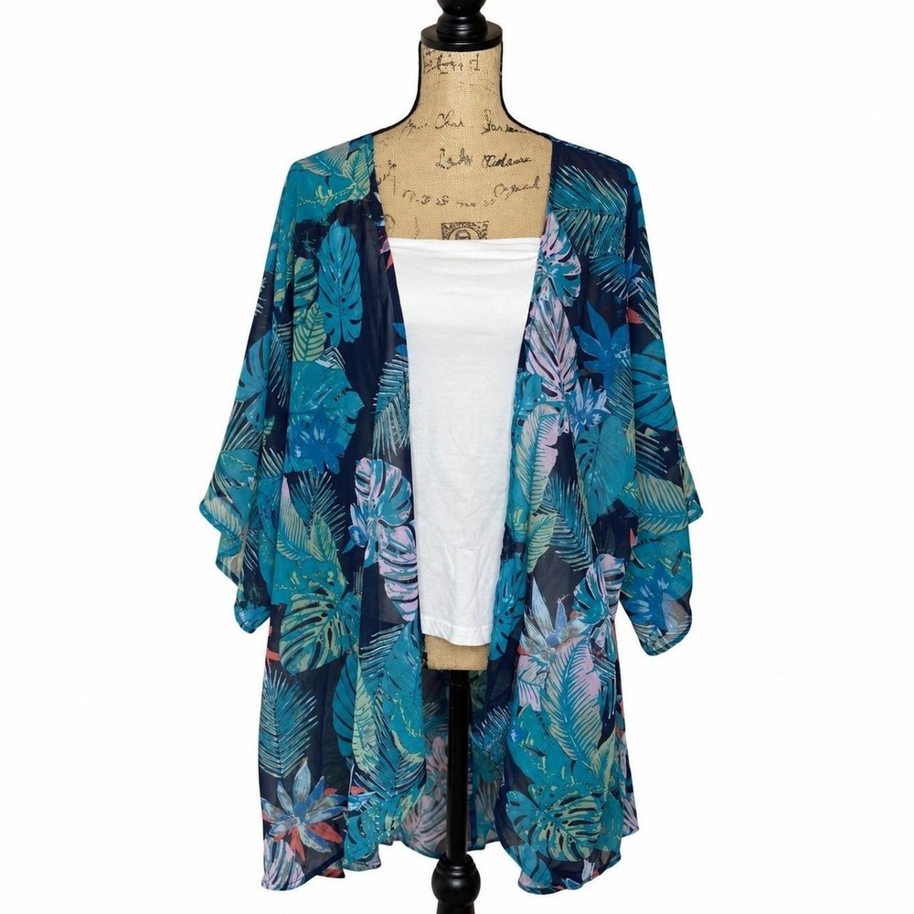 Mudd Womens Large Tropical Leaf Chiffon Kimono Cardigan Navy Blue Teal Sheer
